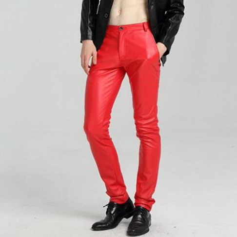 Pantalones ajustados de piel sintética para hombre, pantalón de talla grande, color blanco, rojo, azul y negro, para correr, para motociclista, #2216