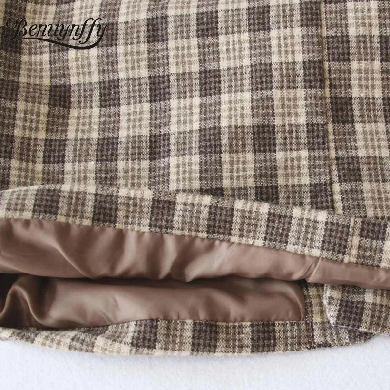 

Benuynffy Collarless Open Front Plaid Tweed Suit Coat Women Autumn Vintage Long Sleeve Blazer Female Elegant Outerwear Tops