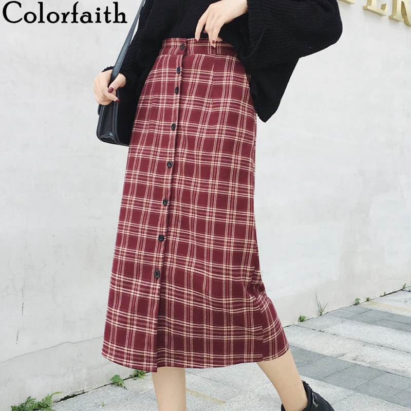 Colorfaith 2019 осень зима Женская прямая клетчатая юбка миди с высокой талией и