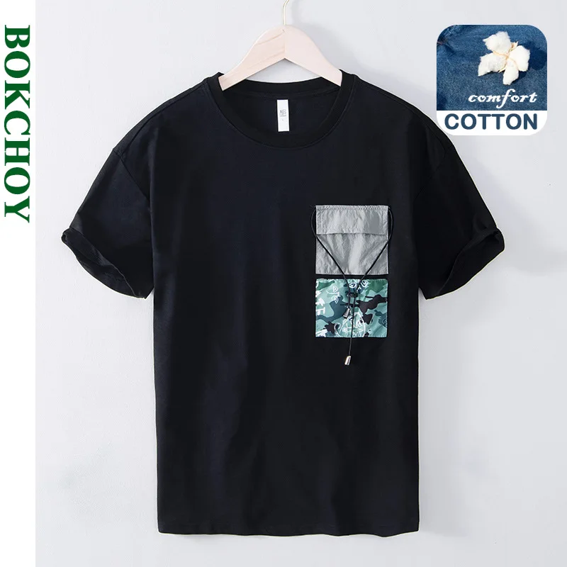 

2021 Summer Spring New Men Simple Short-sleeved Cotton Casual Pocket T-shirt White Black GC-L023162