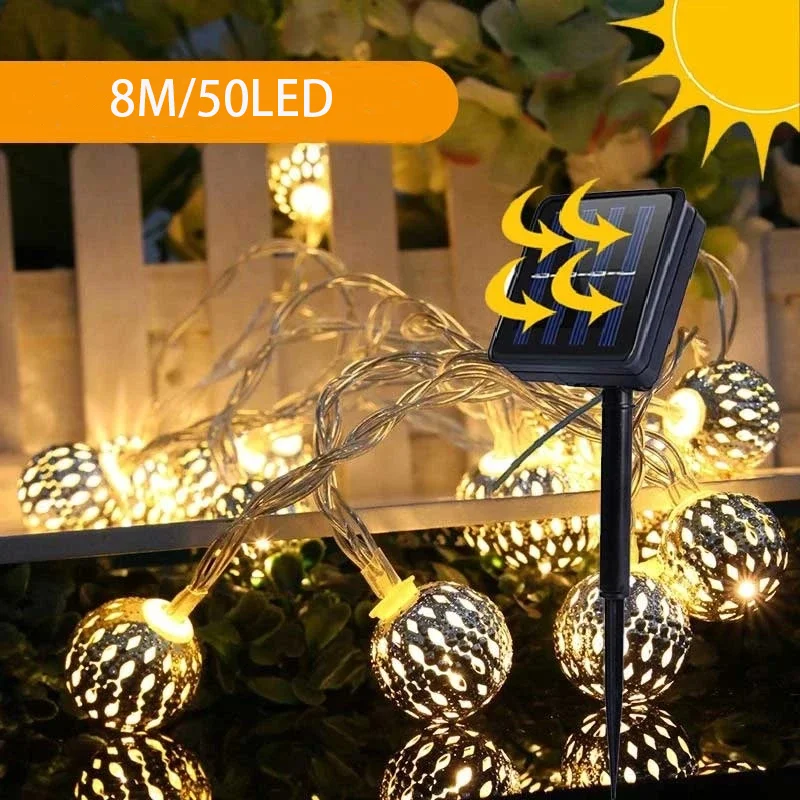 Tira de luces LED con energía Solar marroquí, 20/30/50 LED, resistente al agua, bola hueca de Metal, decoración para jardín, camino y césped