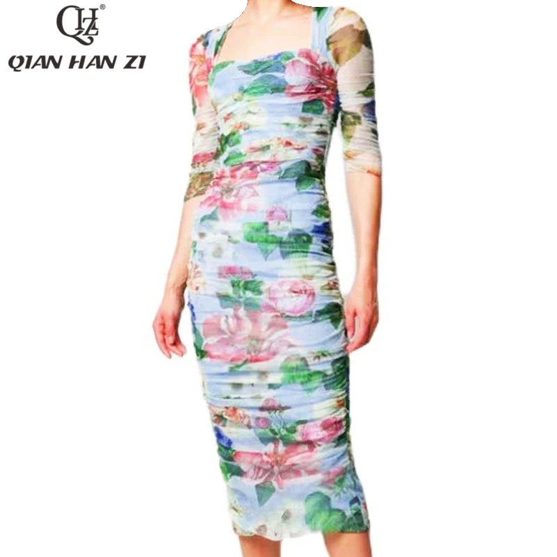 

Qian Han Zi 2021 Spring/Summer Designer Runway Fashion Dress Women Flower print Elegant slim Middle length bodycon dress