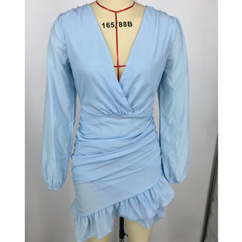 

Hola TeenYang Women Ruffles Cut Out High Waist Design Solid Mini Dress Elegant Deep V Neck Long Sleeve Vestidos Party Dress