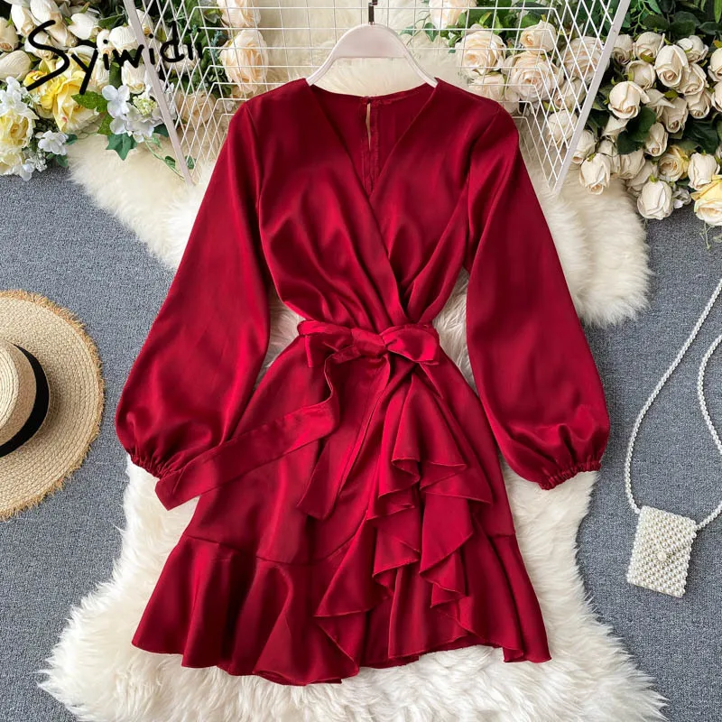 

Syiwidii Irregular Dress for Women 2021 Korean V Neck Puff Sleeve Party Ruffles A Line Mini Summer Dresses with Belt Green Black