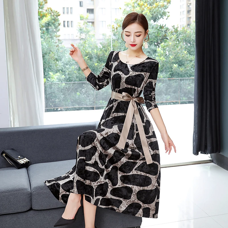 Бархатные леопардовые платья CHUNLI большого размера 2019 золотистого цвета новинка