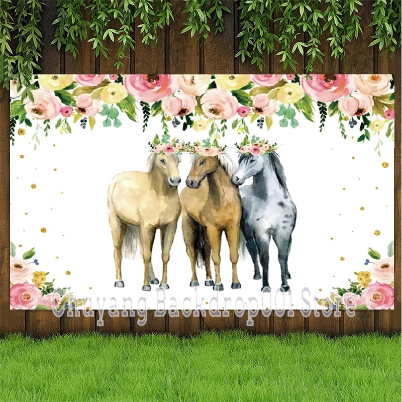 Horse Happy Birthday Party Photo Backdrop Custom Boys Girls Flower Cowboy Cowgirls Decoration Photography Backgrounds Banner