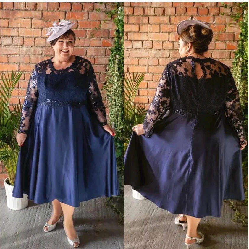 

Plus Size Mother of the Bride Dress Dark Navy Blue Lace Satin Long Sleeve Tea Length Wedding Party Evening Prom Gowns Vintage