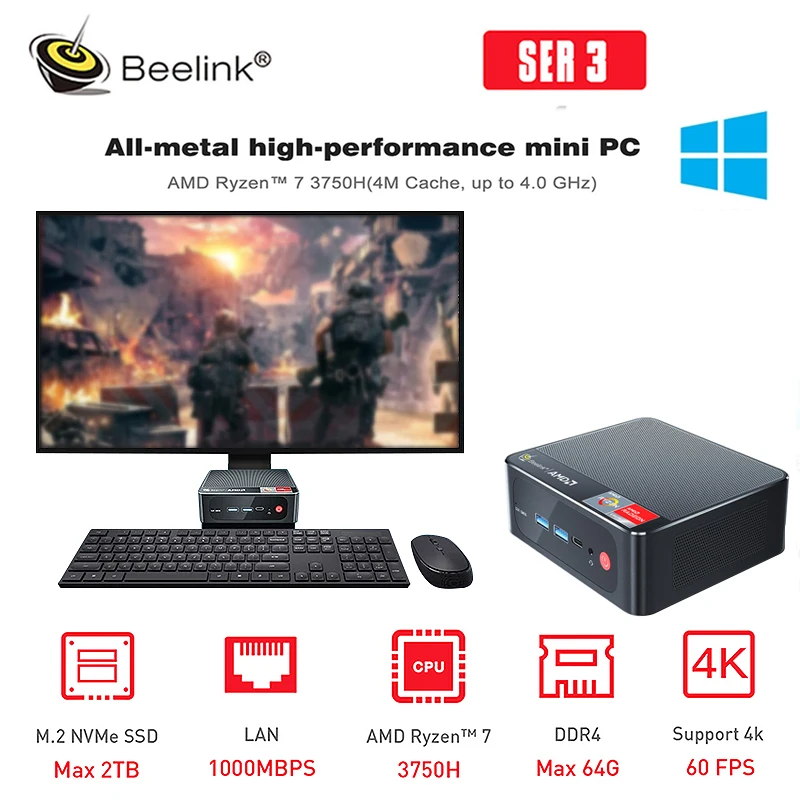 

Мини-ПК Beelink SER3, AMD Ryzen 7 3750H, Windows 10 Pro, DDR4, 16 ГБ ОЗУ, 256 Гб SSD, Wi-Fi, BT