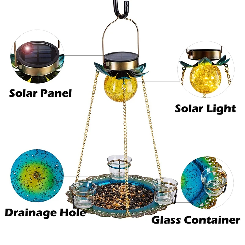 

Solar Powered Wild Bird Feeder, Seed Tray Outdoor Waterproof Birdfeeders Solar Garden Light LED Landscape Lighting