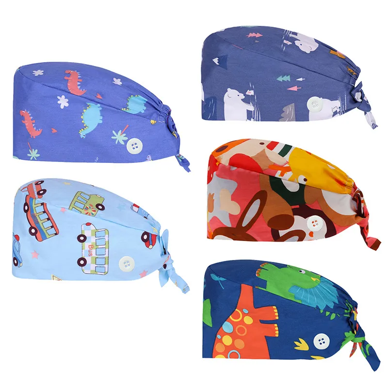 

Cartoon Print Scrub Cap Tie Back Working Hat 100% Cotton Washable Sweatband Beautician Dust Proof Scrub Caps Nurse Hat A50