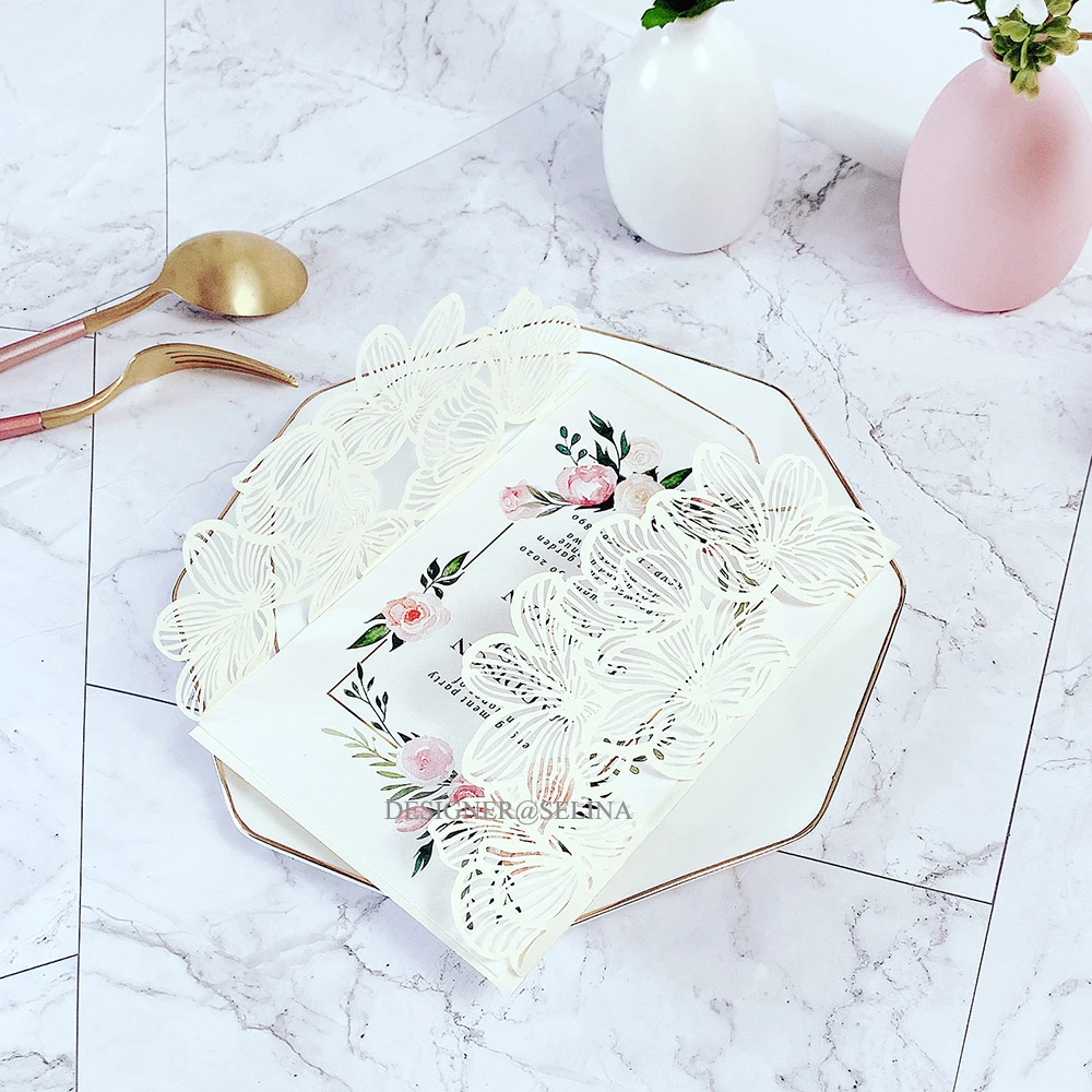 50 шт слоновой кости Блестящий лепесток лазерная резка свадебные приглашения с