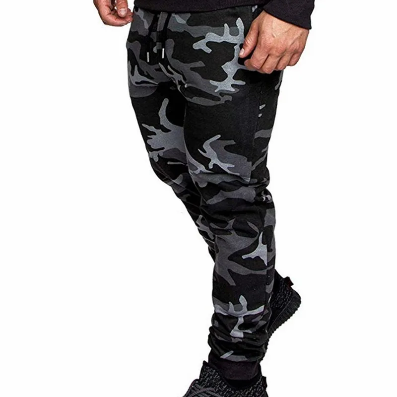 

Men European Size Trend Leisure Trousers Drawstring Pocket Pencil Pants Slim Fit Camo Jogger Pants