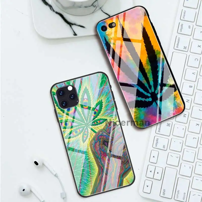 

plant leaves Cannabi leaf Cases For iPhone 12 Mini 11 Pro X XS XR Max 7 8 Plus 6 6S SE 2020 Tempered Glass Cover Phone Coque