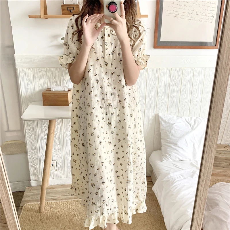 

Летняя ночная рубашка с цветочным принтом, Женская Корейская длинная Пижама, свободная хлопковая Милая Домашняя одежда с коротким рукавом, ...