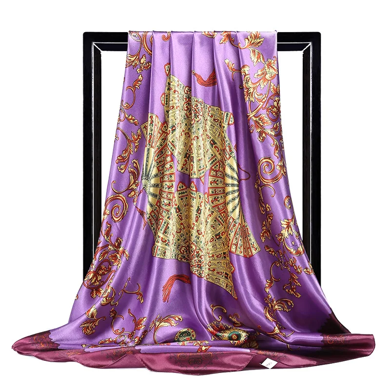 

Large Hijab Scarves For Women Fashion Print Silk Satin Scarf Female 90cmx90cm Luxury Brand Square Shawls Head Scarfs For Ladies