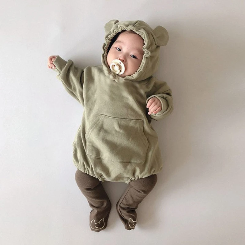

2pcs Baby Hooded Solid Romper with Pants Newborn Clothes Set Autumn Long Sleeve Set for Infant Baby Girl 2 Piece Set