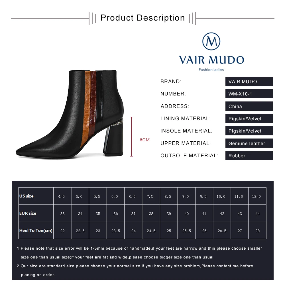 

VAIR MUDO Fashion Ankle Boots Shoes Women Genuine Leather Pointed Toe Thick Heels Basic Adult Zipper Velvet Female Boot WM-X10-1