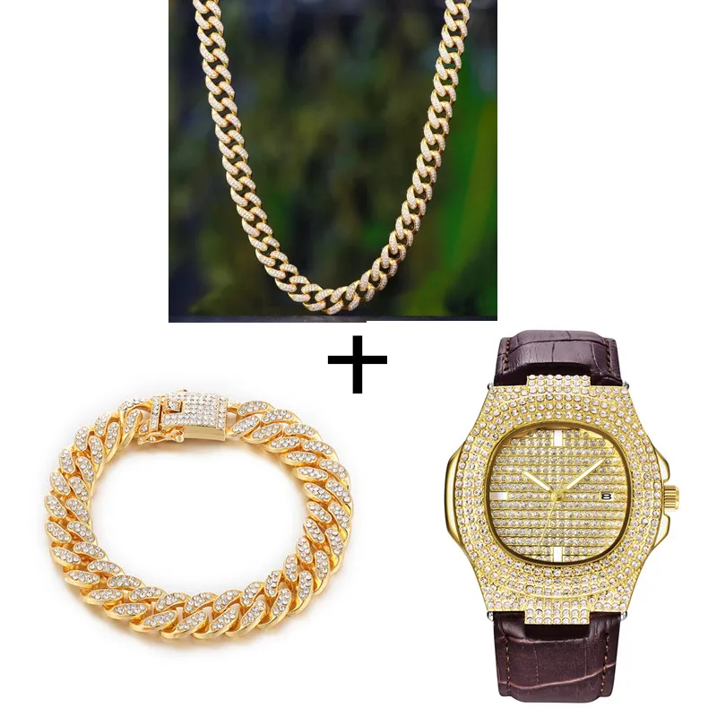 Necklace +Watch+Bracelet Bling Iced Out Miami Zircon Cuban Full Pave Rhinestone Men Bracelet For Jewelry | Украшения и аксессуары