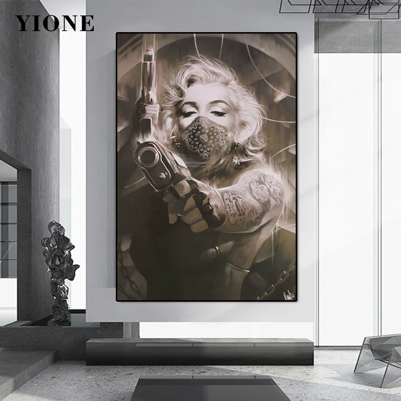 

Sexy Tattoo Woman Canvas Painting Classic Vintage Figure Masked Girl with Gun Art Poster Print Wall Picture for Living Bedroom