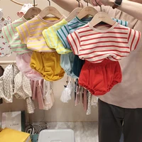 2020 summer baby girls clothes set korean style toddler boy clothing striped tee topsolid pp bloomer pant 2pcs infant outfits