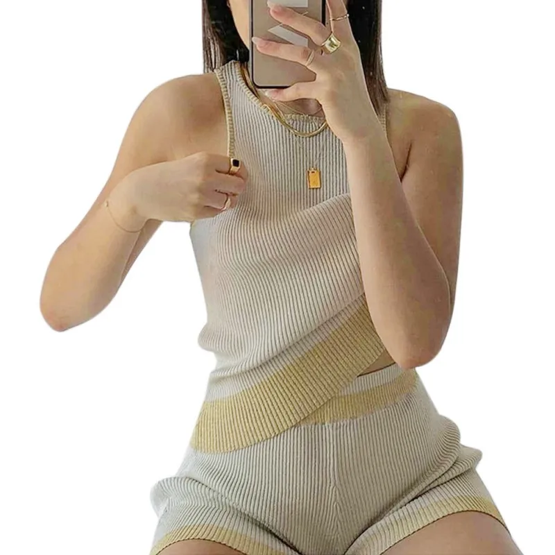 

Women's Summer Sweater Clothes Sets Sexy Casual Slim Rib Sleeveless Round Neck Vest Gold Lace Contrast Shorts Suit