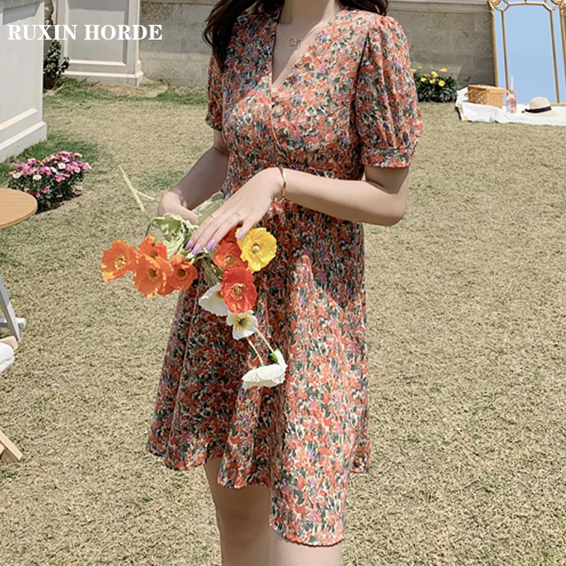 

Floral Bow Tie V-Neck Fashion 2021 Summer Ladies Romantic French Style High Waist Beautiful Chiffon Holiday A-Line Skirt