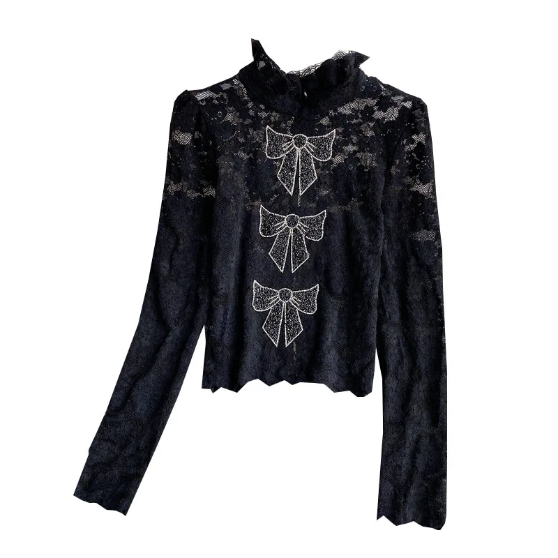 

Autumn Winter New Blouse Stand Collar Bow Long-sleeved Lace Shirt Western Style Bottoming Blusa Slim Top Female HK036