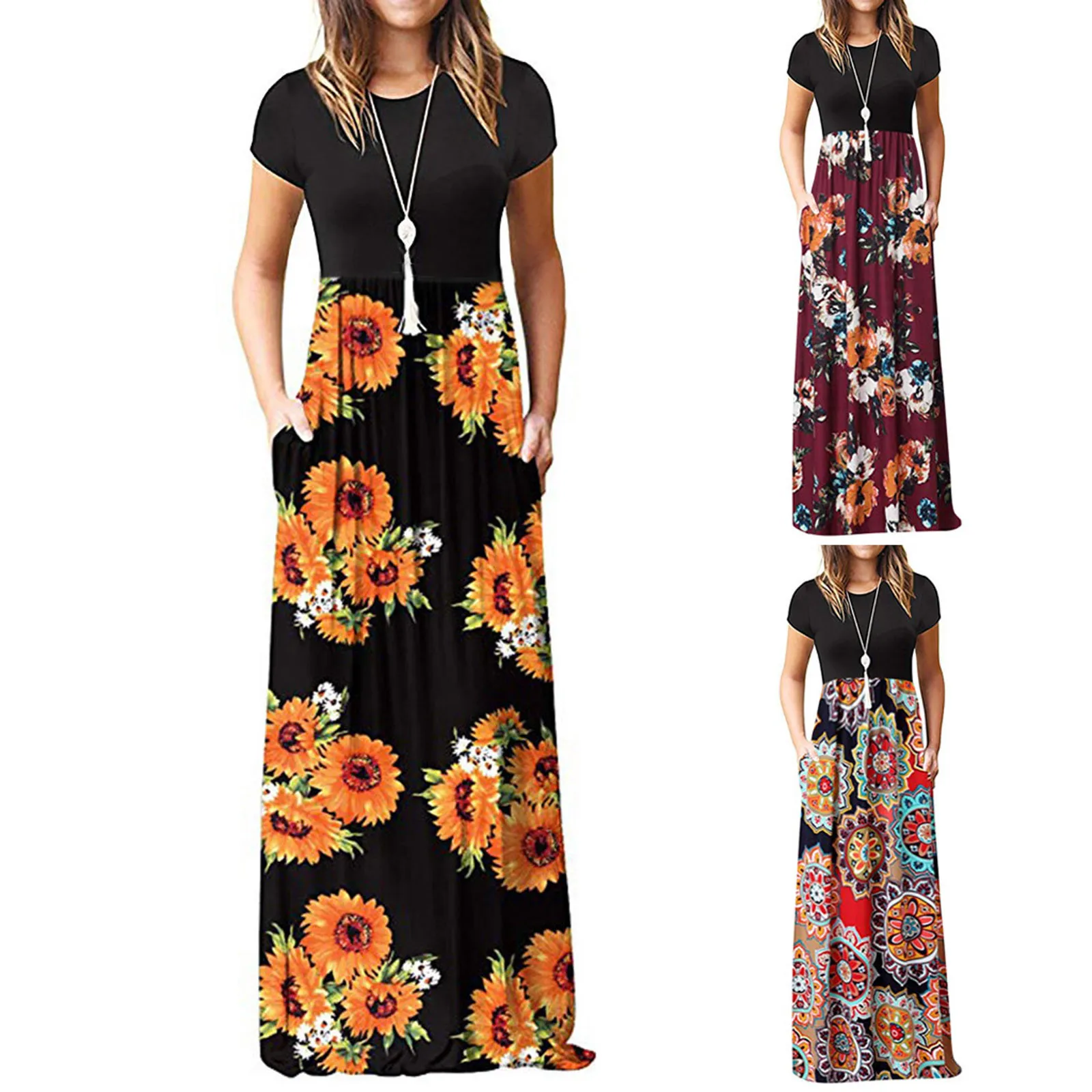 

Женское модное Платье с О-образным вырезом и Цветочный принт Свободное Платье с короткими рукавами для женщин размера плюс Летнее Платье дл...