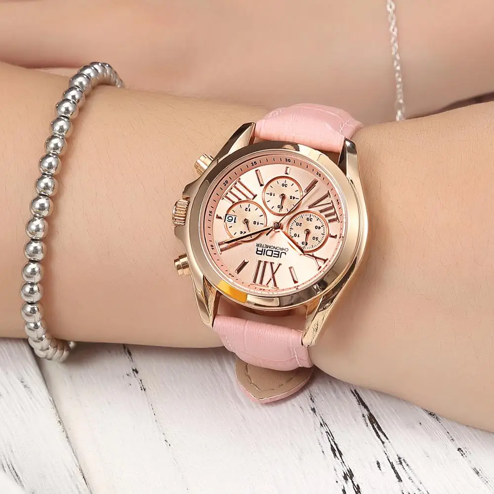 Женские кварцевые наручные часы с отображением даты и кожаным ремешком|Женские