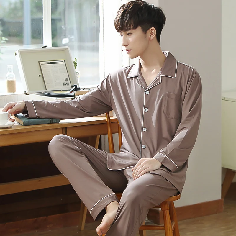 Spring Solid Modal Sleepwear Men Summer Long Sleeves Home Clothes Button-Down Pajamas Set Men Blue Nightwear PJs Pijamas Homme