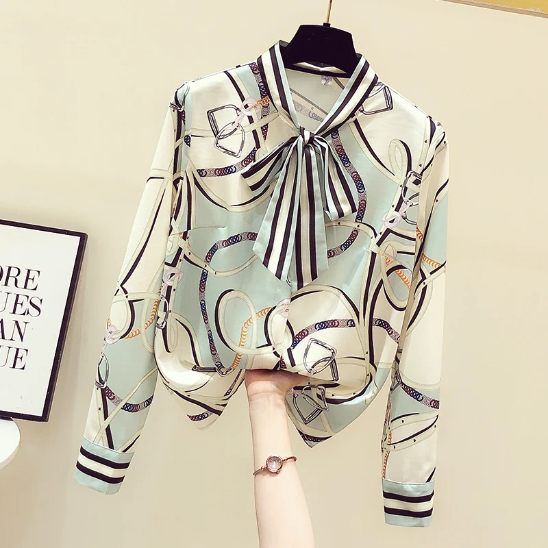 

2021 Spring Fall Lace-up Top Women Chiffon Western Printed Shirt New Long Sleeve Flower Ladies Top Fashion Office Lady Blouses