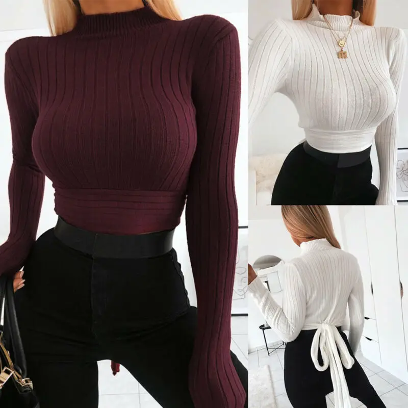 2019 Autumn Womens Swearter Shirts Warm Knitted Frill High Neck Sweater Turtleneck Pullover Fashion Slim Fit Long Sleeve Tops | Женская