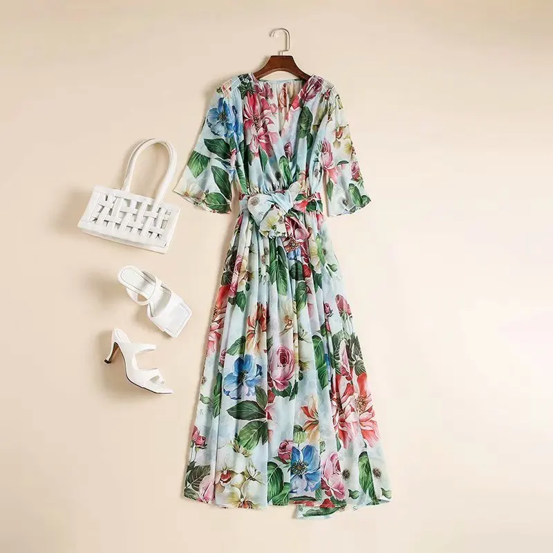 

women's American European and wear 2021 summer new style Peony printed seven-minute sleeve V-neck lace-up Fashion blue dress