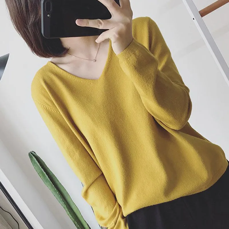 Женский свитер Однотонный глубокий v-образный вырез топ из эластичного хлопка