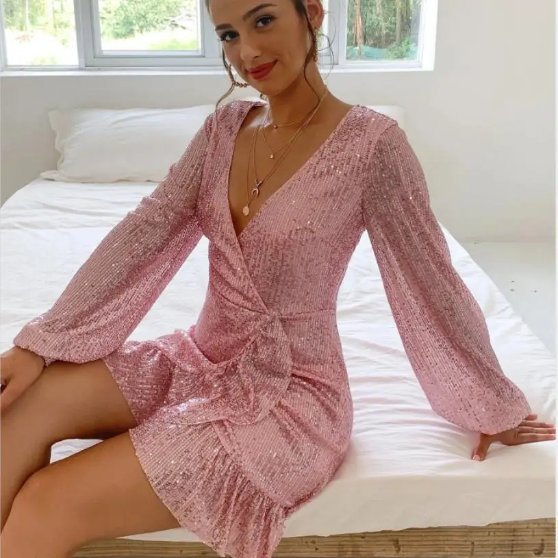 

BE HYGGE 2021 Latest Fall/Winter Long-Sleeved V-Neck Pink Sequins Tight Hip Party Dress Sexy Irregular Mini Dress