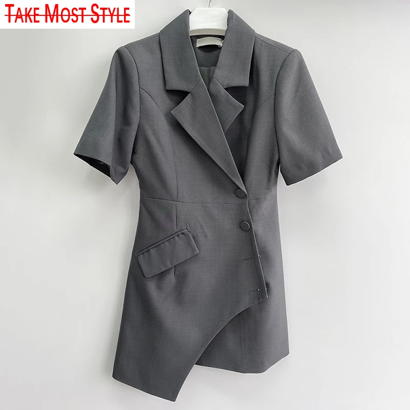 

Elegant Solid Dress For Women Notched Short Sleeve High Waist Patchwork Pockets Irregular Mini Dresses Female Style