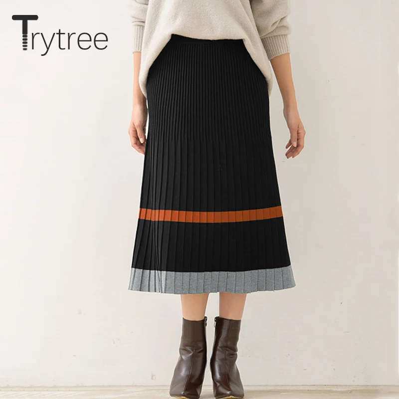 Trytree осень зима Женская Повседневная плиссированная трикотажная юбка эластичная