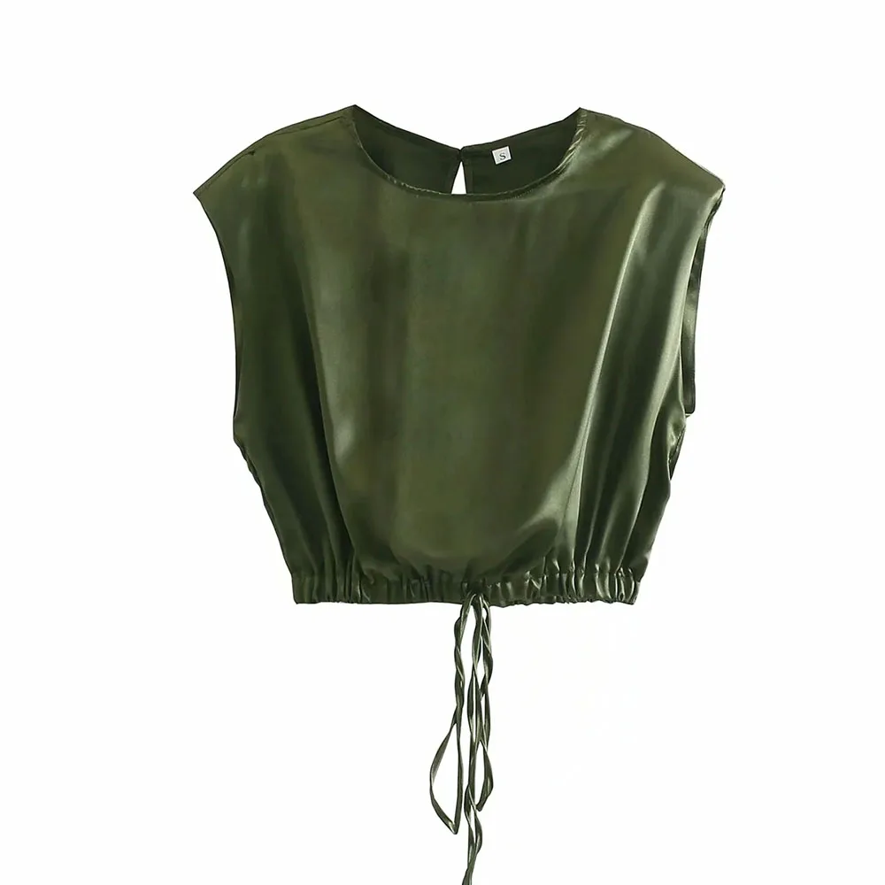 

2021 Summer Women Solid Green Satin Streetwear Bandage loose O Neck T shirt Female short Tops Ladies sleeveless Fashion Top