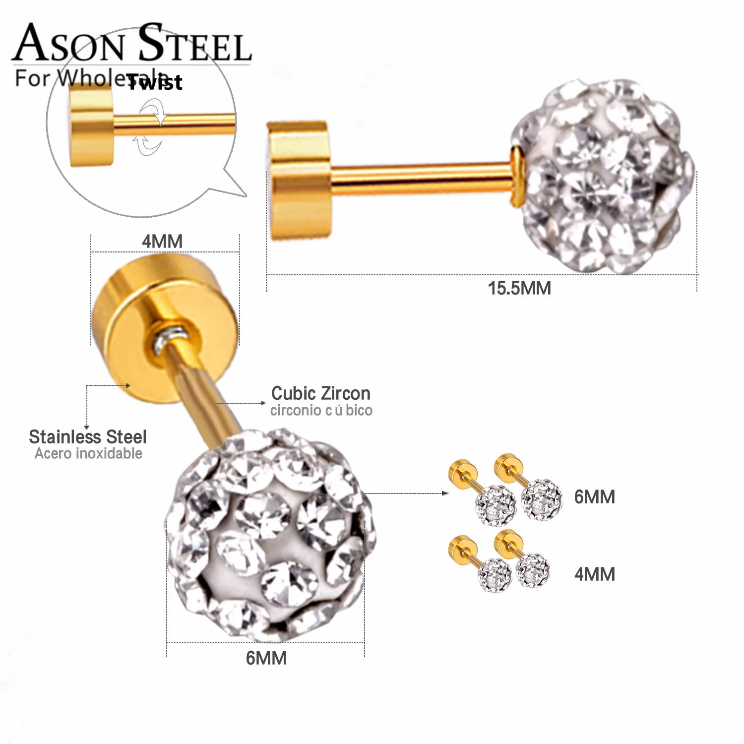 Женские серьги из нержавеющей стали с кристаллами золотистого/серебристого