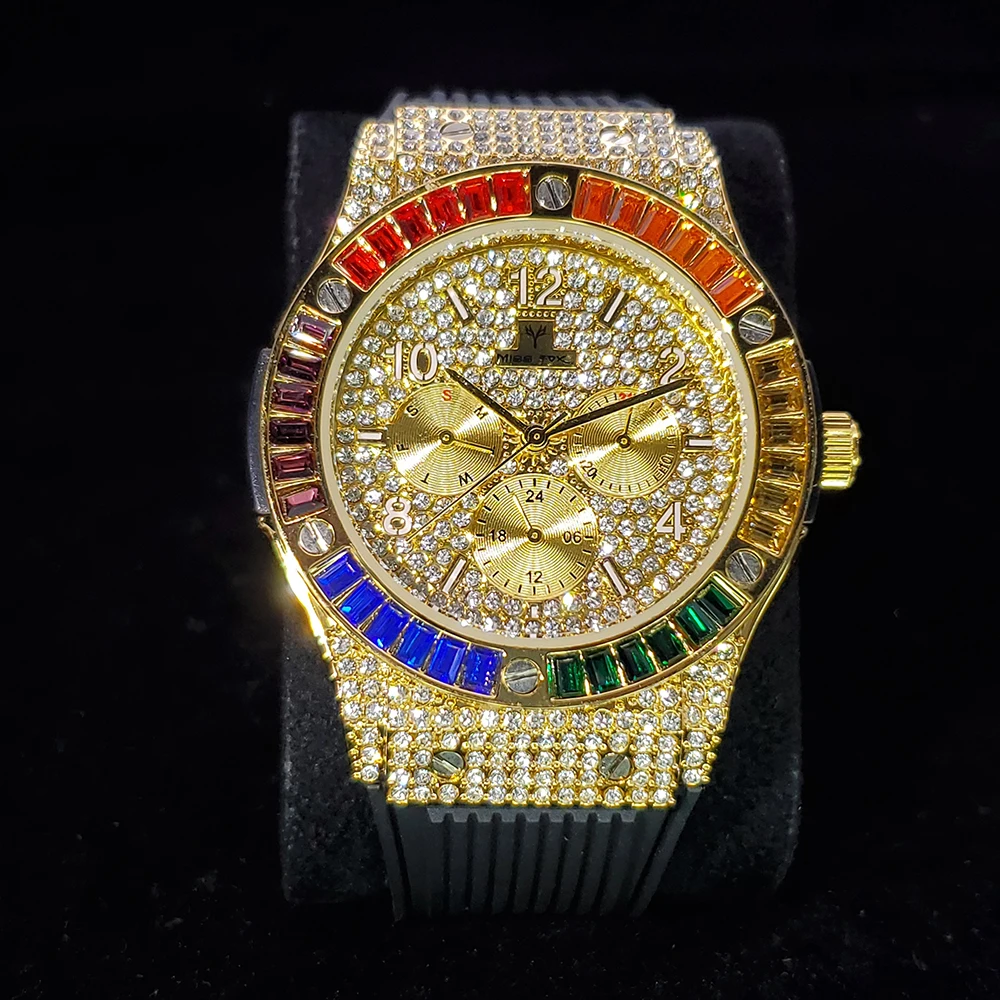 

Hip Hop MISSFOX Rainbow Diamond Mens Watches Top Brand Luxury Gold Steel Quartz Wrist Watch Men Rubber Band Chronograph Watch