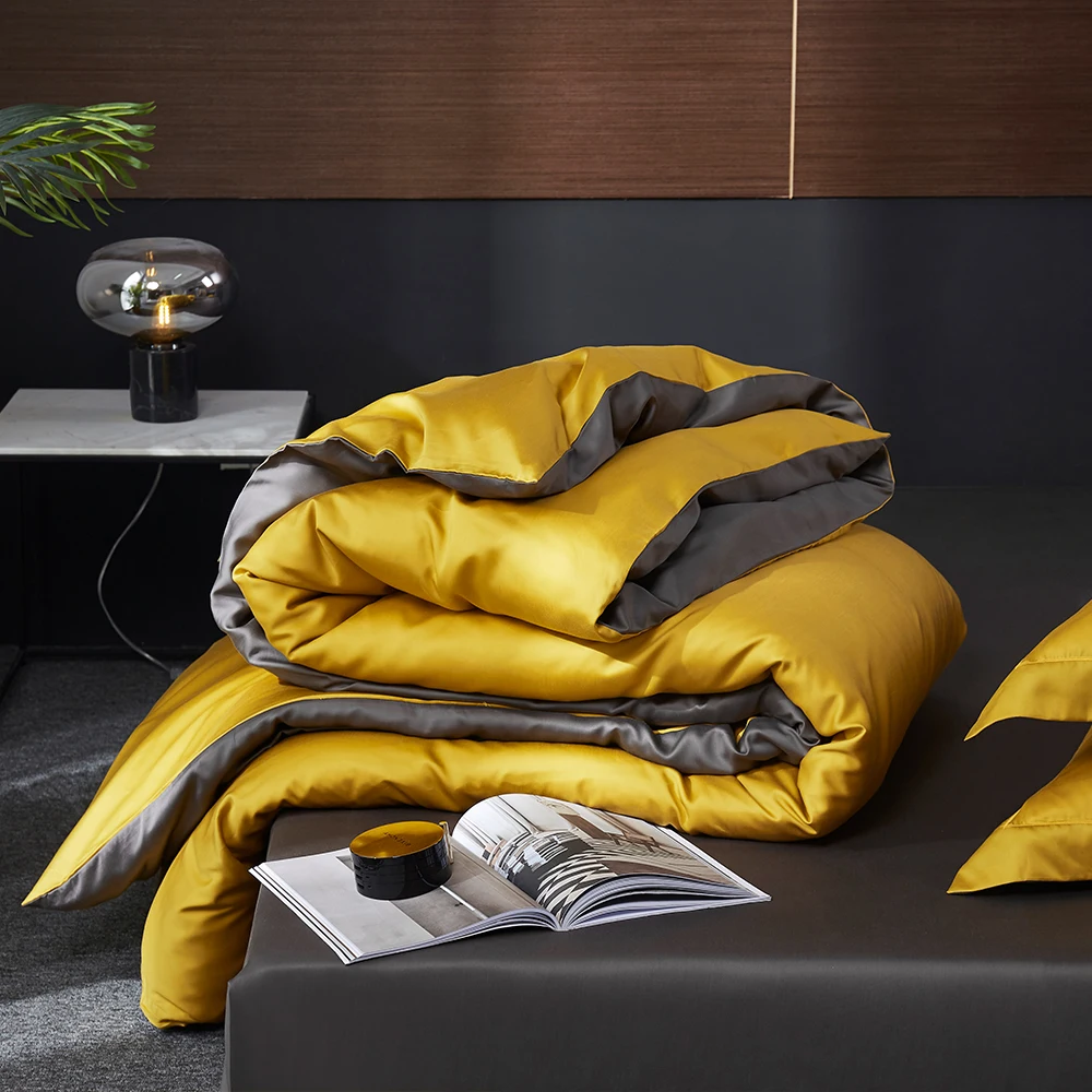 Роскошный комплект постельного белья Suaker из 100% шелка желтый и серый цвета