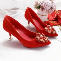 2021 new fine heeled net red rhinestone pointed shallow mouth red festive high heels 2301