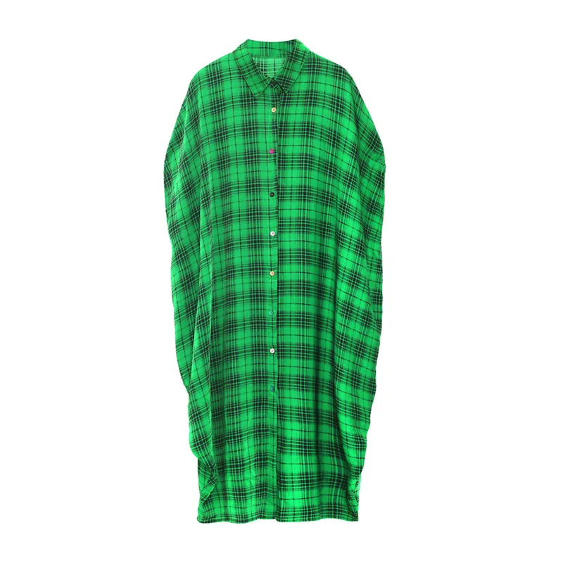 

XUXI Green Plaid Shirt Dress, Women Single-breasted Straight Loose, POLO-Collar, Fashion Over The Knee Skirt, Summer 2021, E2195