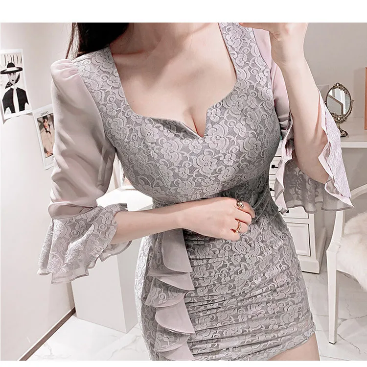 

2020 Summer New Lady Slim Sleeve Sleeve Hip Lace Dress Office Lady Lace Knee-Length Polyester Zippers