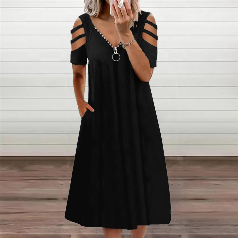 

Women's Fashion Summer Outfit Casual Off Shoulder Short Sleeve Dress Deep V Neck Zip Pocket Loose Plus Size Zip Dress