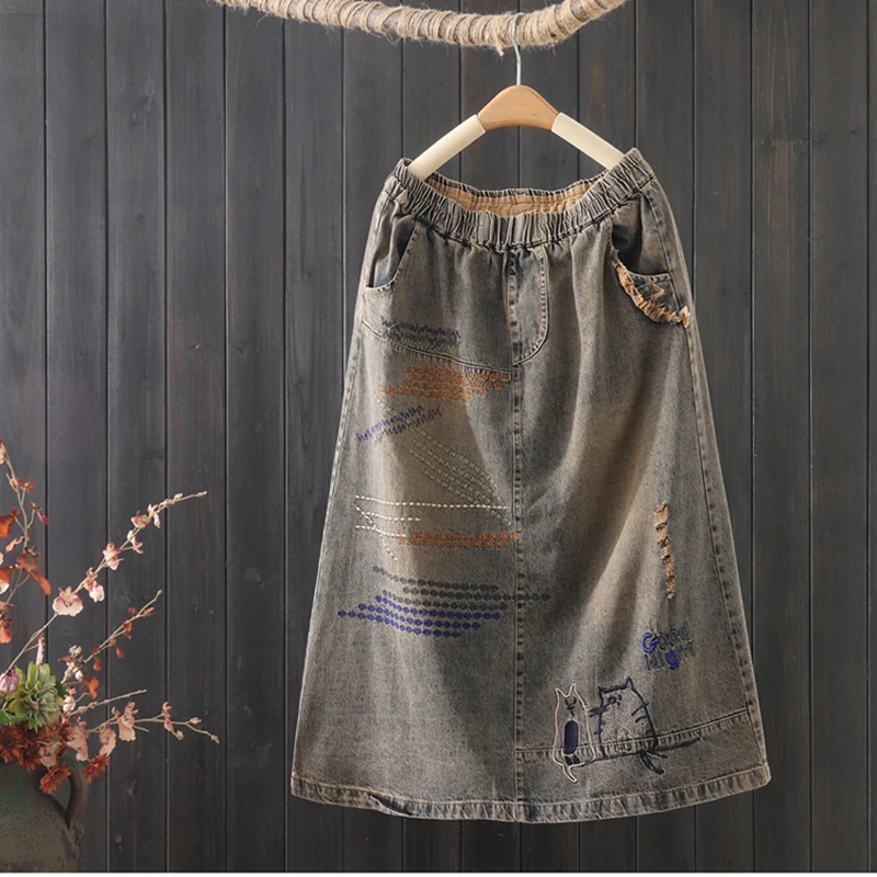 Юбка-трапеция женская джинсовая в Корейском стиле длинная свободная юбка