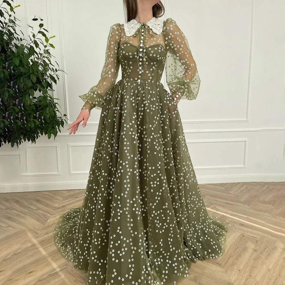 

Green Daisy Tulle Prom Dresses Long Sleeves A-Line Buttoned Prom Gowns with Pockets Wedding Party Dresses 2023 robes de soirée