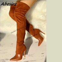 abesire long boots splicing suede thin high heel soft leather pointed toe over the knee new autumn winter big size women shoes