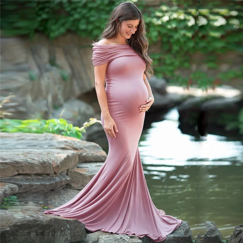 

Разрезанный ворот хлопок для детей свободного кроя душ платье эластичное Джерси фотосессия для беременных Длинные платья