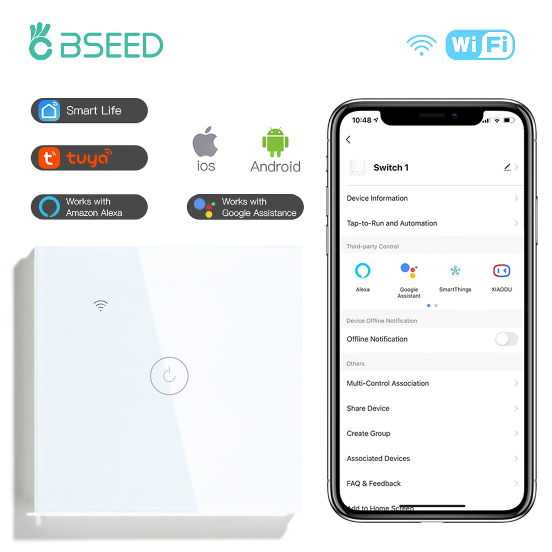 

Умный сенсорный выключатель BSEED, стеклянная панель с Wi-Fi, 1/2 клавишами, каналов, 10 А